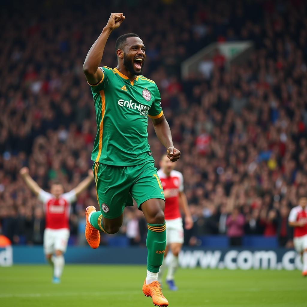 Footballer celebrating a goal with fans