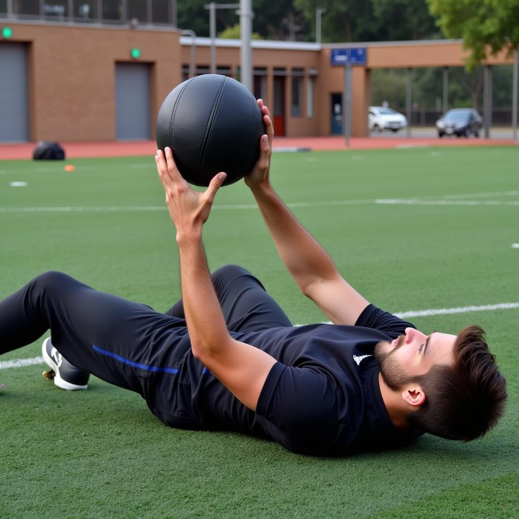 Footballer strengthening his core at the gym