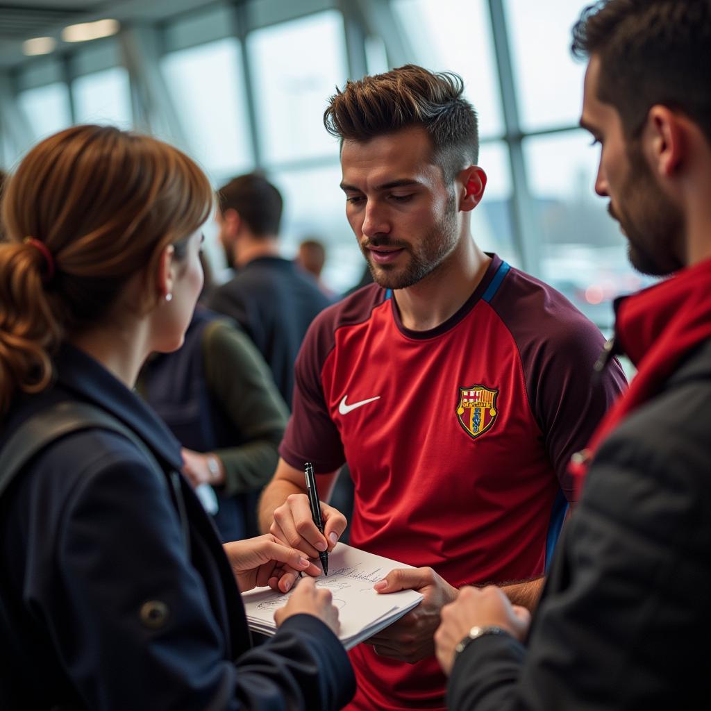 Footballer signing autographs at the airport for waiting fans