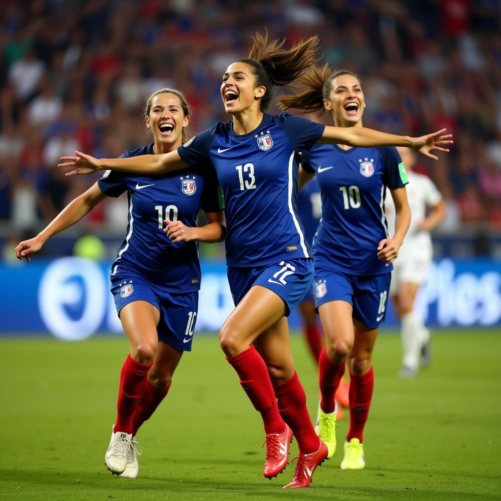 French women's national football team celebrates a goal