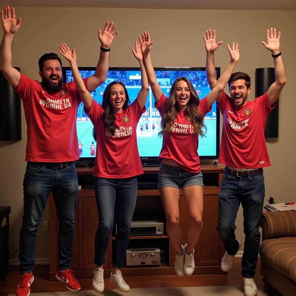 Group of friends doing a fan jump after a sports victory