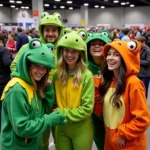 A group of people dressed in frog costumes at a fan convention