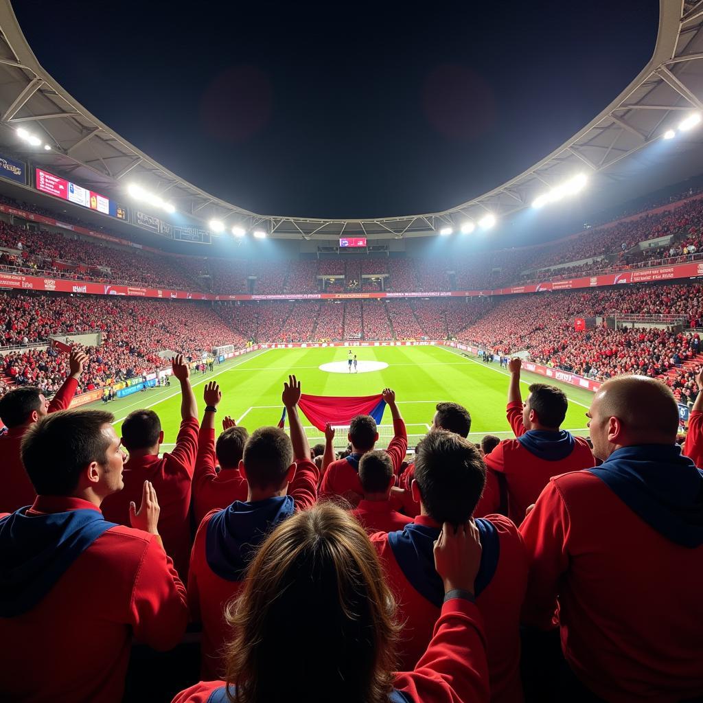 Fans cheering in a packed stadium