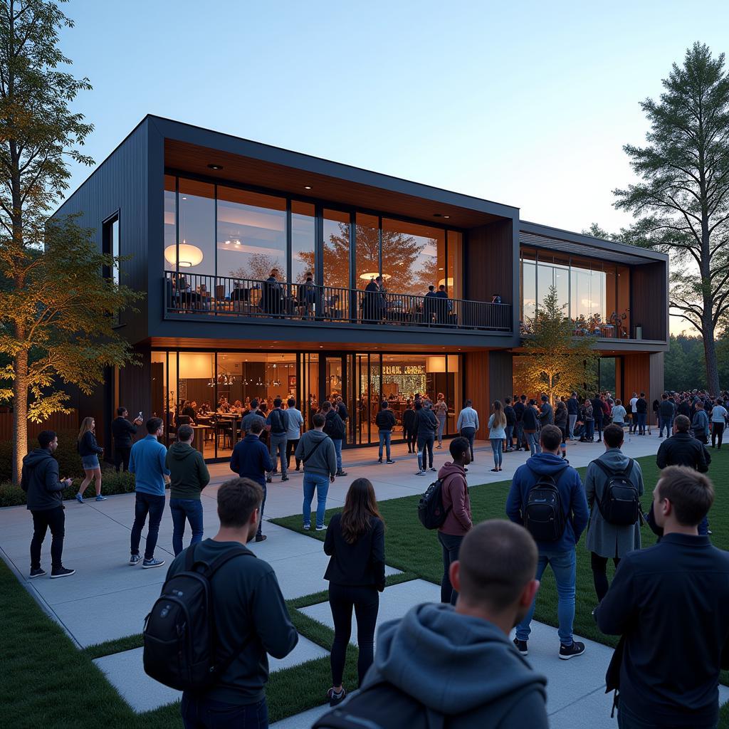 Modern full fan lodge exterior with fans gathering for a game.