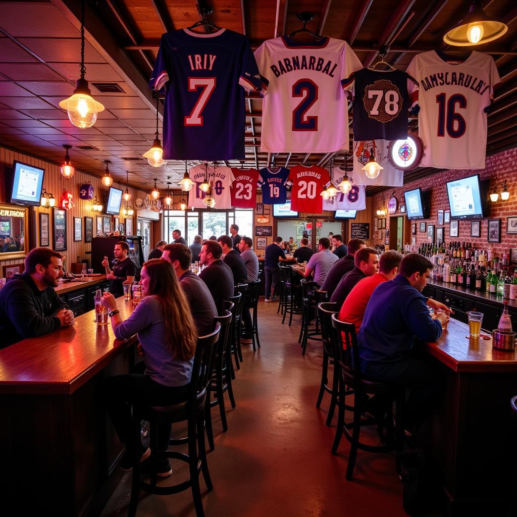 Interior view of a bustling fan lodge bar with team colors and memorabilia.