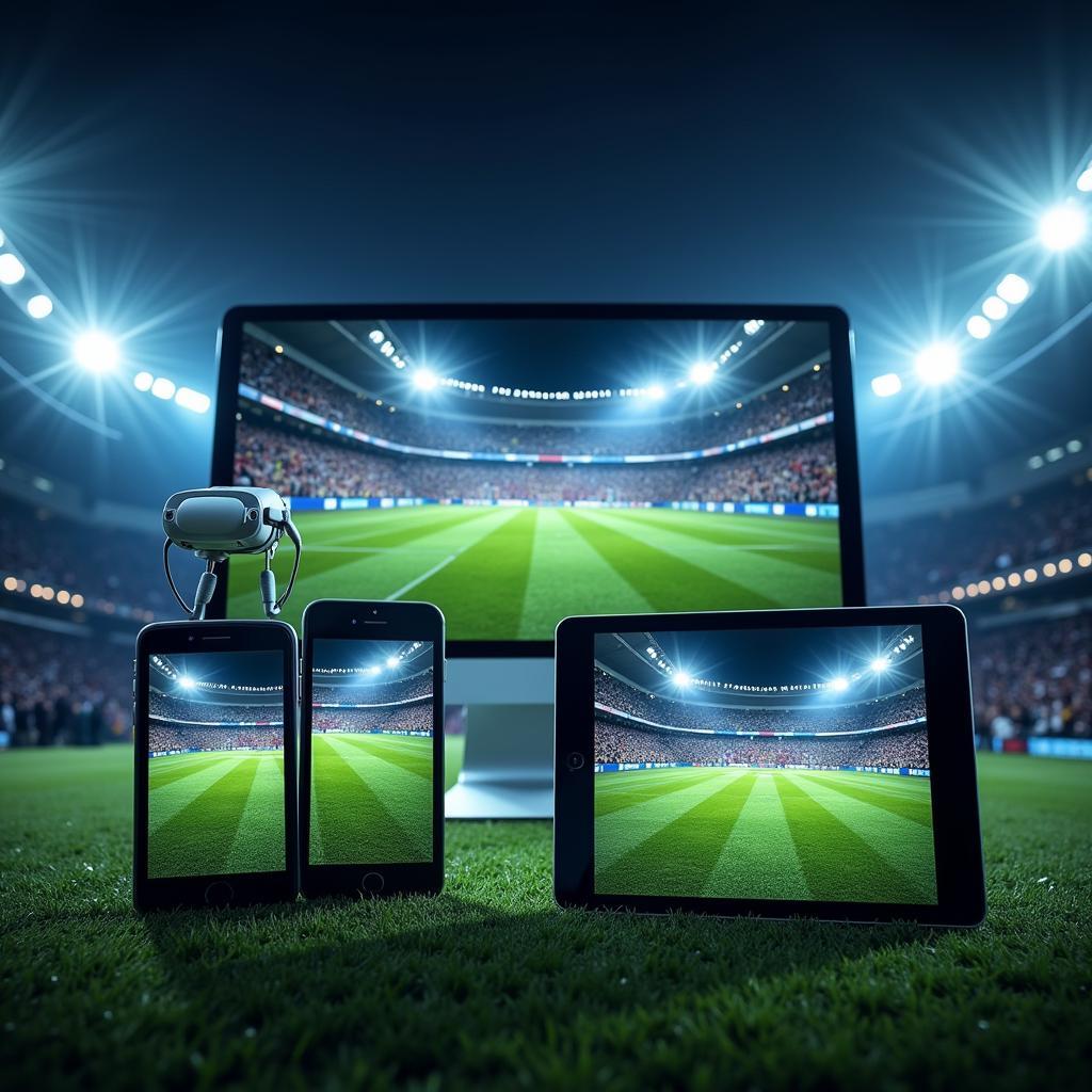 Futuristic representation of football being streamed on multiple devices