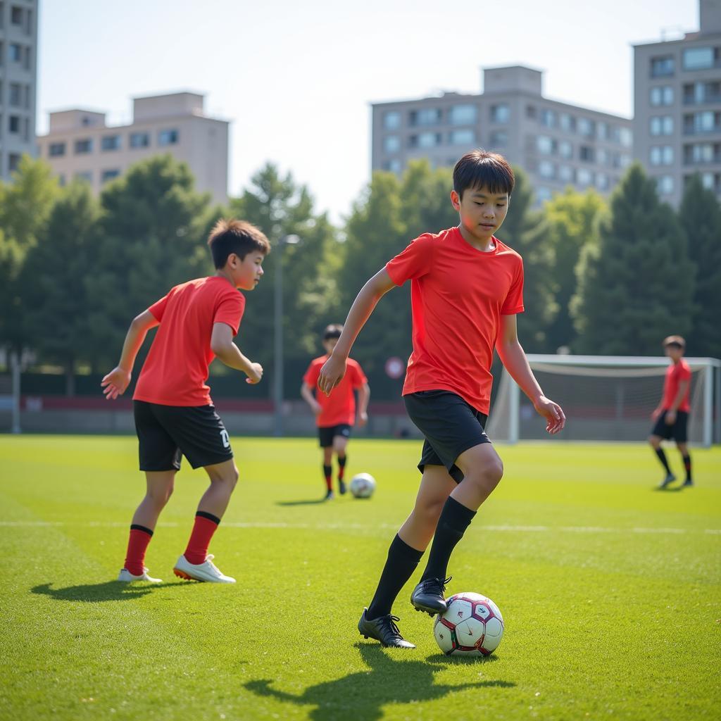 Young Japanese Football Players Training