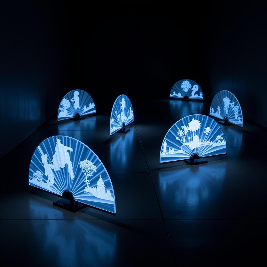 Multiple 3D hologram fan displays synchronized to create an immersive and captivating experience in a dark room.