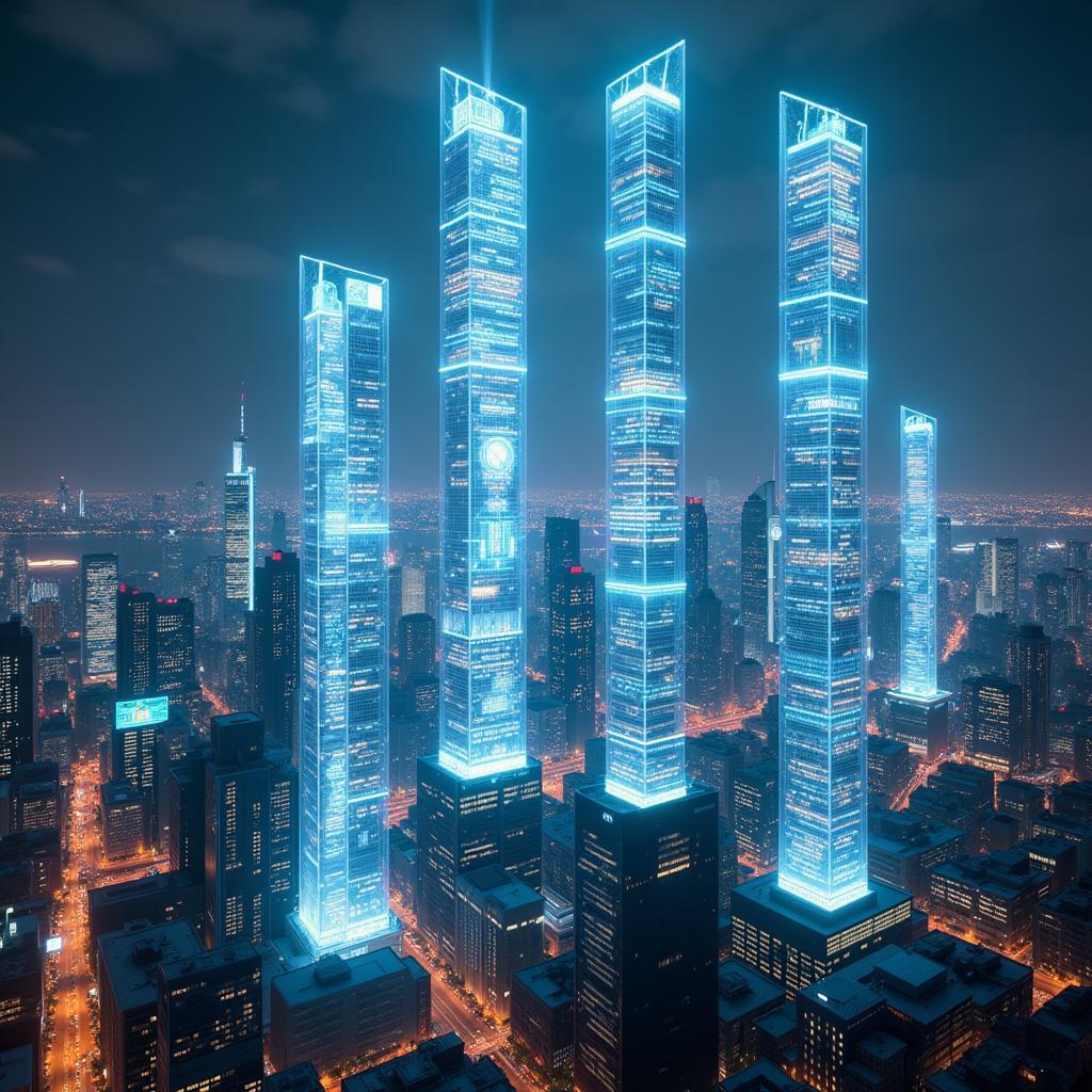 A futuristic cityscape at night illuminated by various holographic displays, showcasing the potential of 3D hologram technology in urban environments.