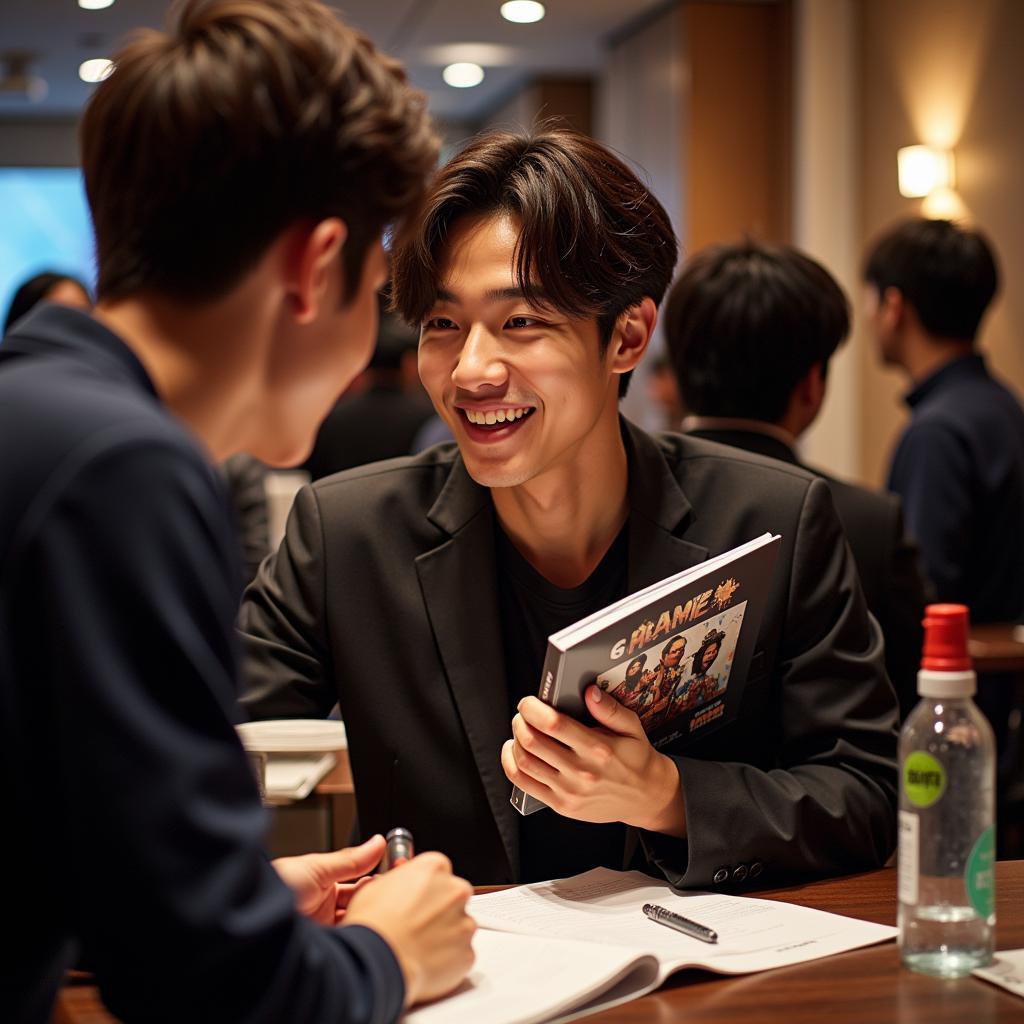 G-Dragon smiling at a fan sign event