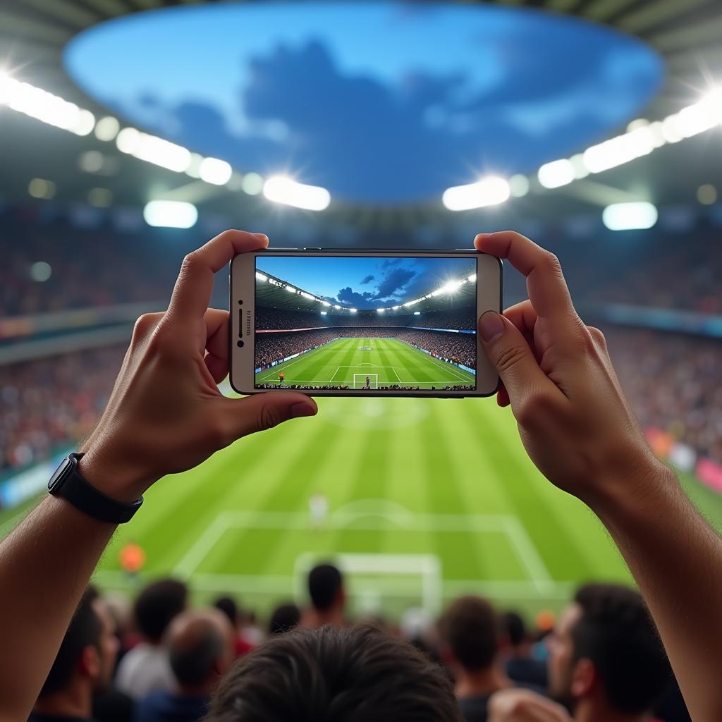 Galaxy Note in the hand of a cheering football fan