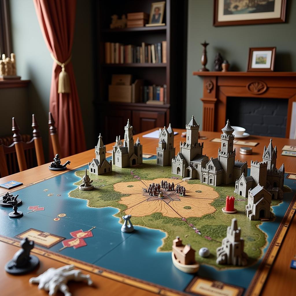 A group of friends gathered around a table playing the Game of Thrones board game