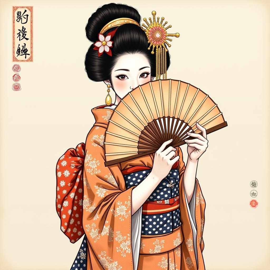 Traditional Geisha Fan Illustration