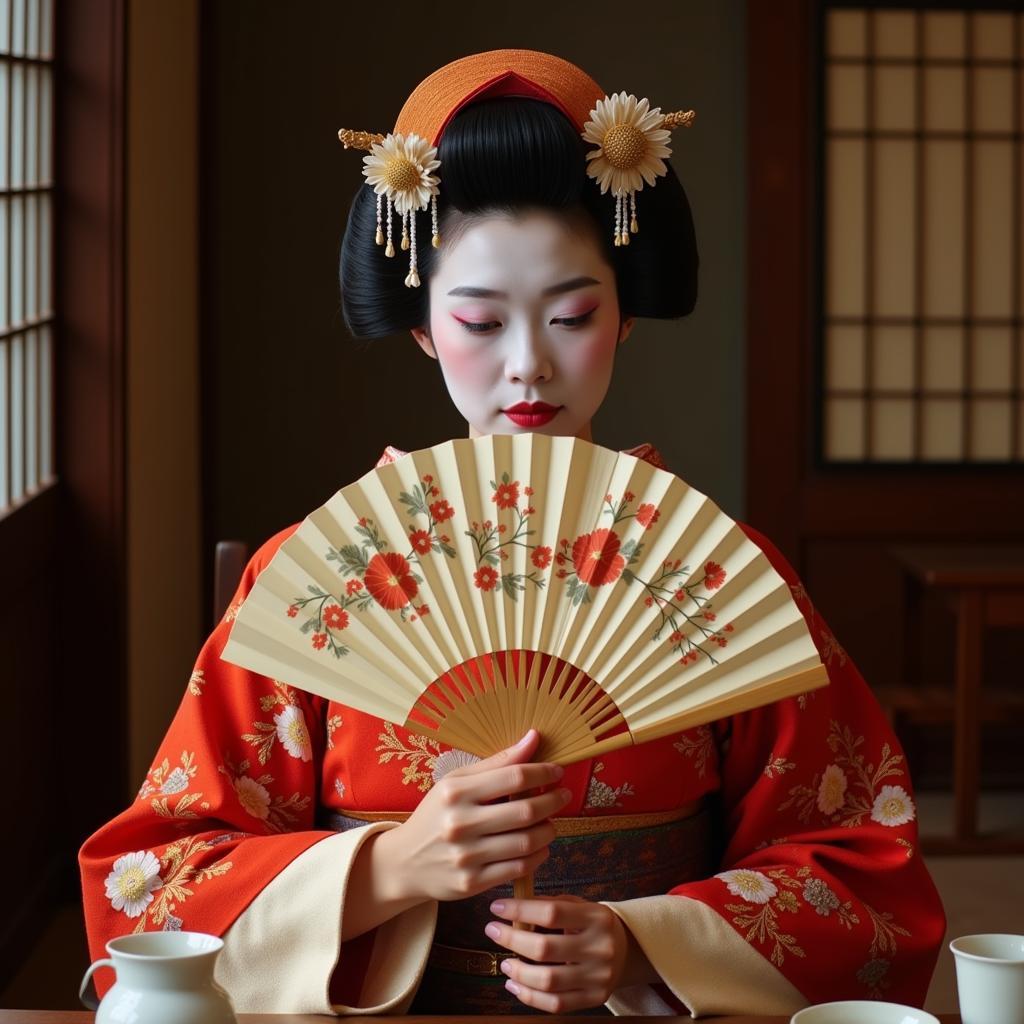 Geisha Holding Fan at Tea Ceremony