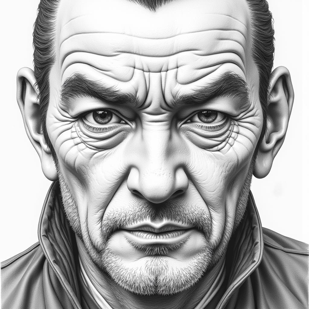 A detailed pencil sketch of Gen Fu's face