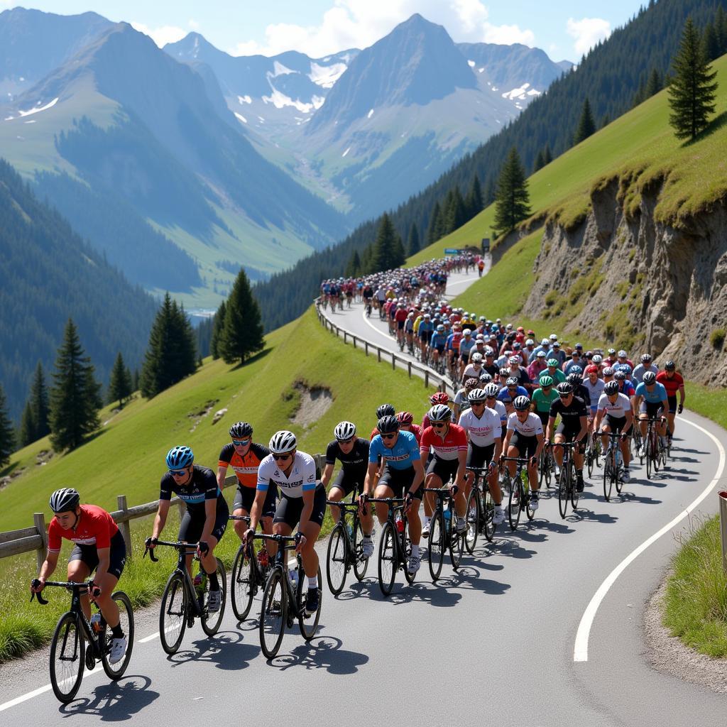 The peloton of cyclists navigating a challenging mountain pass during the Giro d'Italia