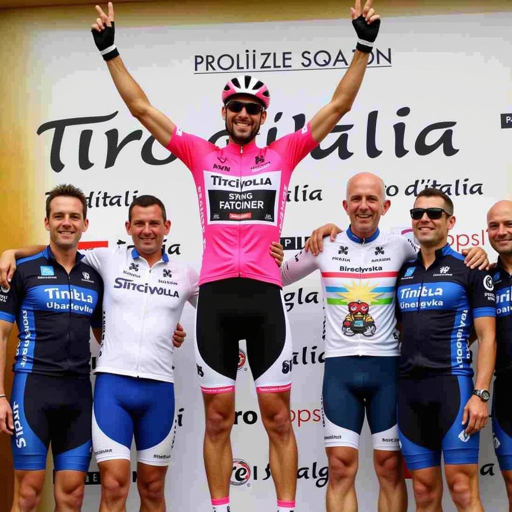 The stage winner of the Giro d'Italia celebrating on the podium