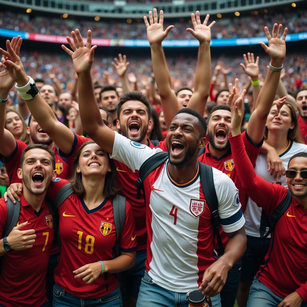 Diverse group of fans celebrating a goal