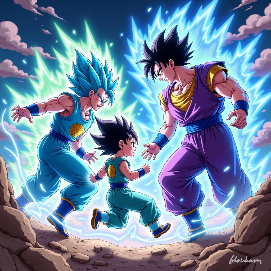 Goku, Vegeta, and Broly locked in a fierce battle