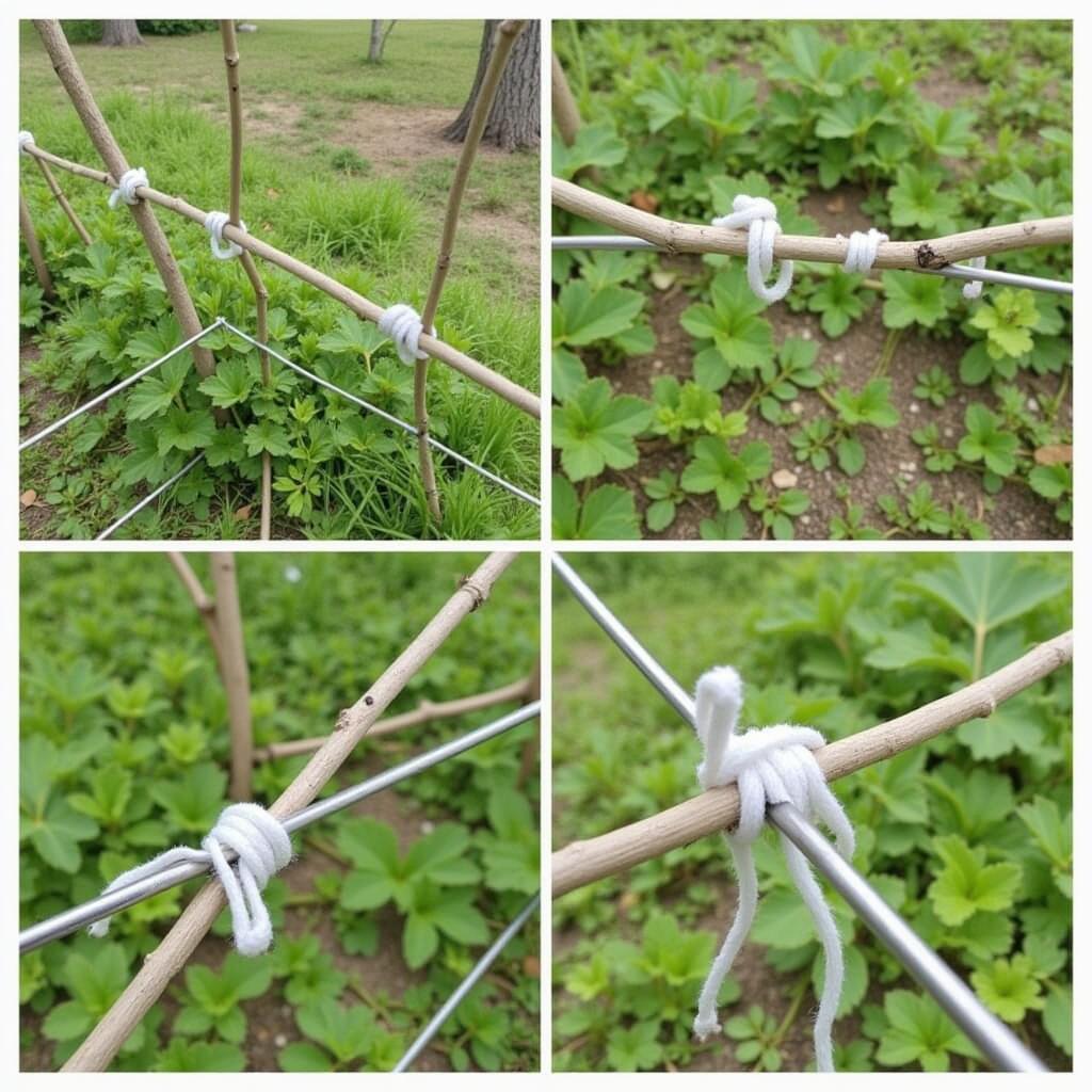 Training young gooseberry branches on a wire frame