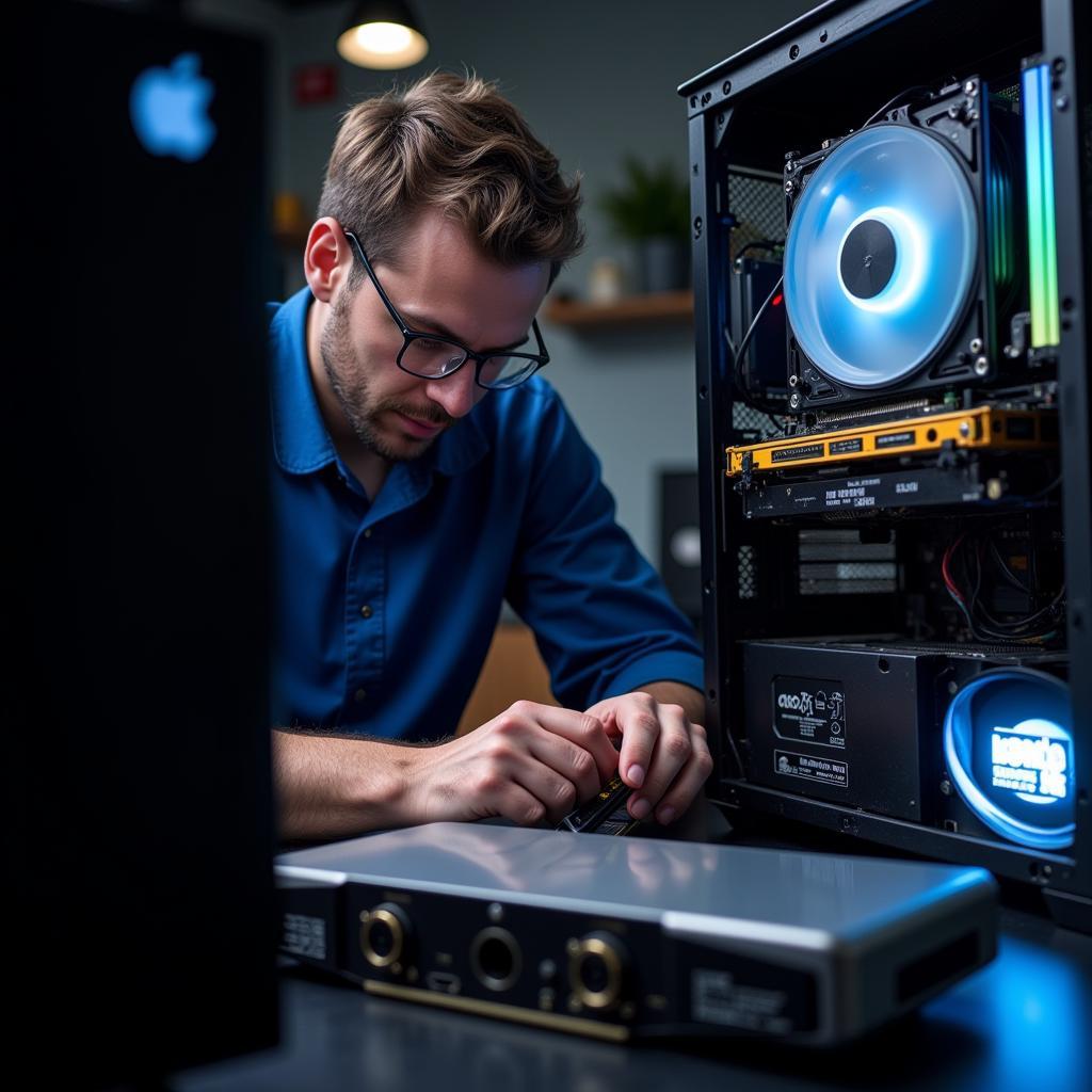 A technician inspecting a graphics card for potential faults