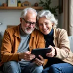 Grandparents smiling while using a tablet together