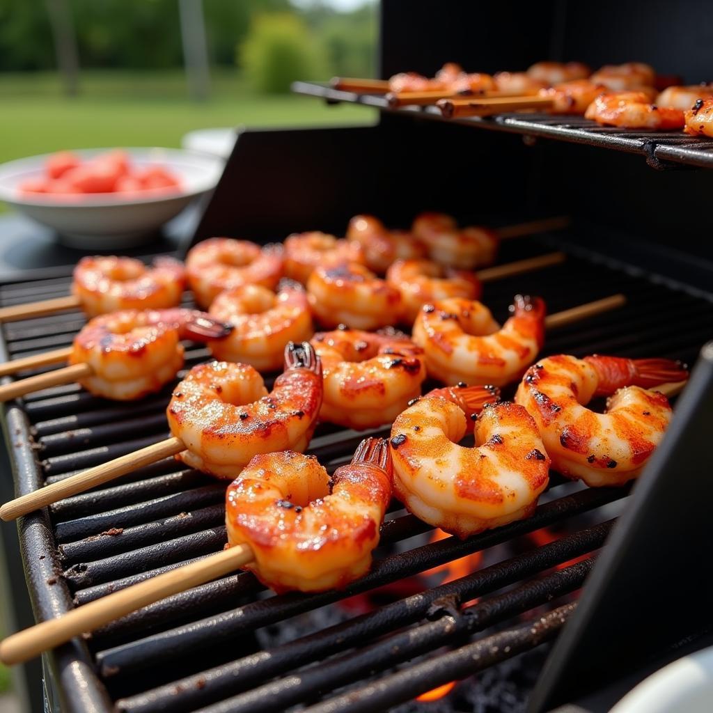 Grilled shrimp skewers with grapefruit marinade on a grill at a tailgate party