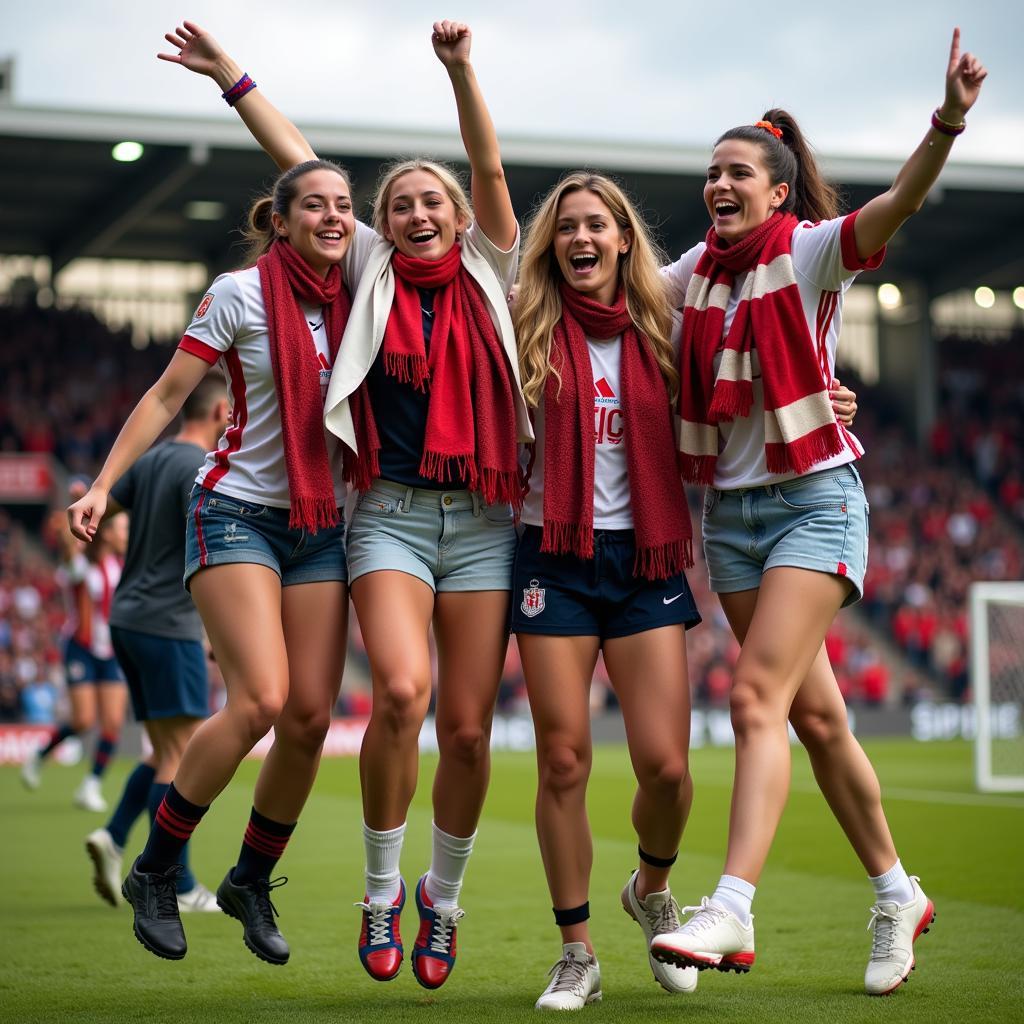 Group of female friends excitedly celebrating a goal