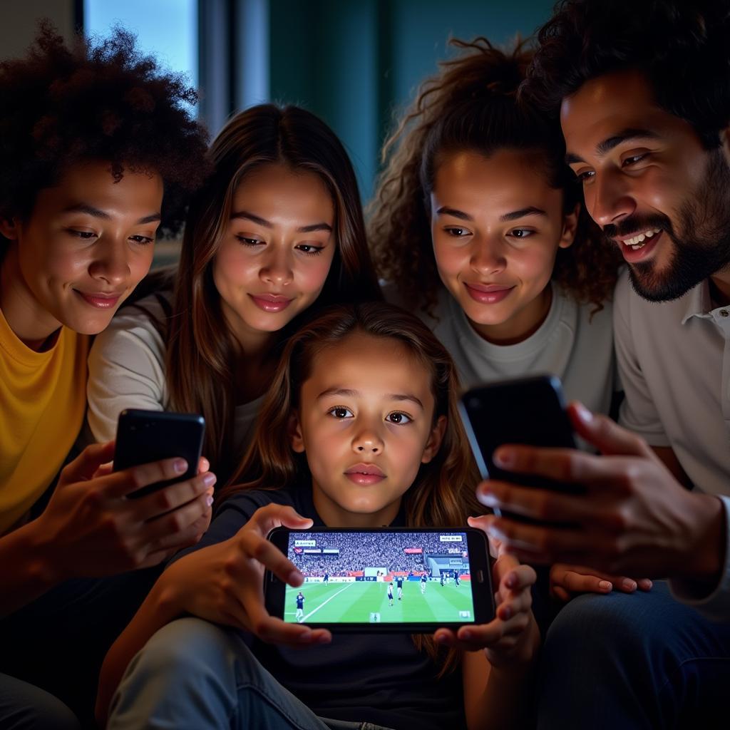 Group of Friends Watching Football on Mobile Devices