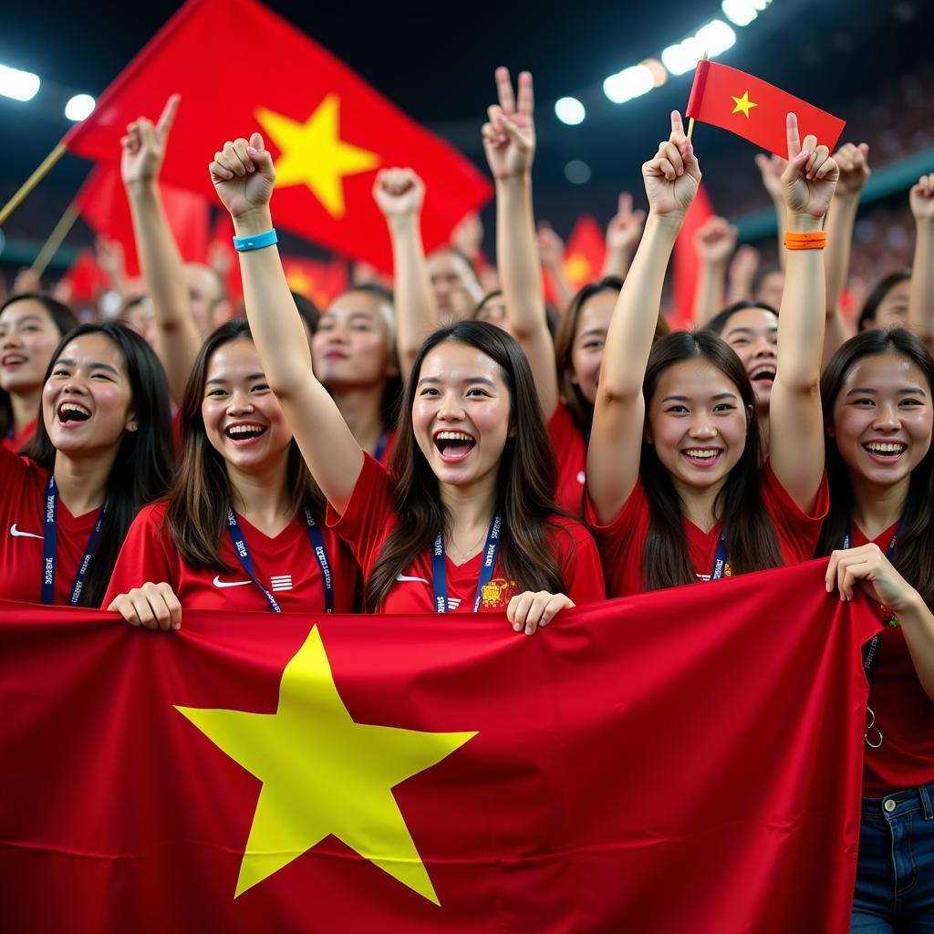 A group of female fans joyously celebrating a goal, waving flags and banners