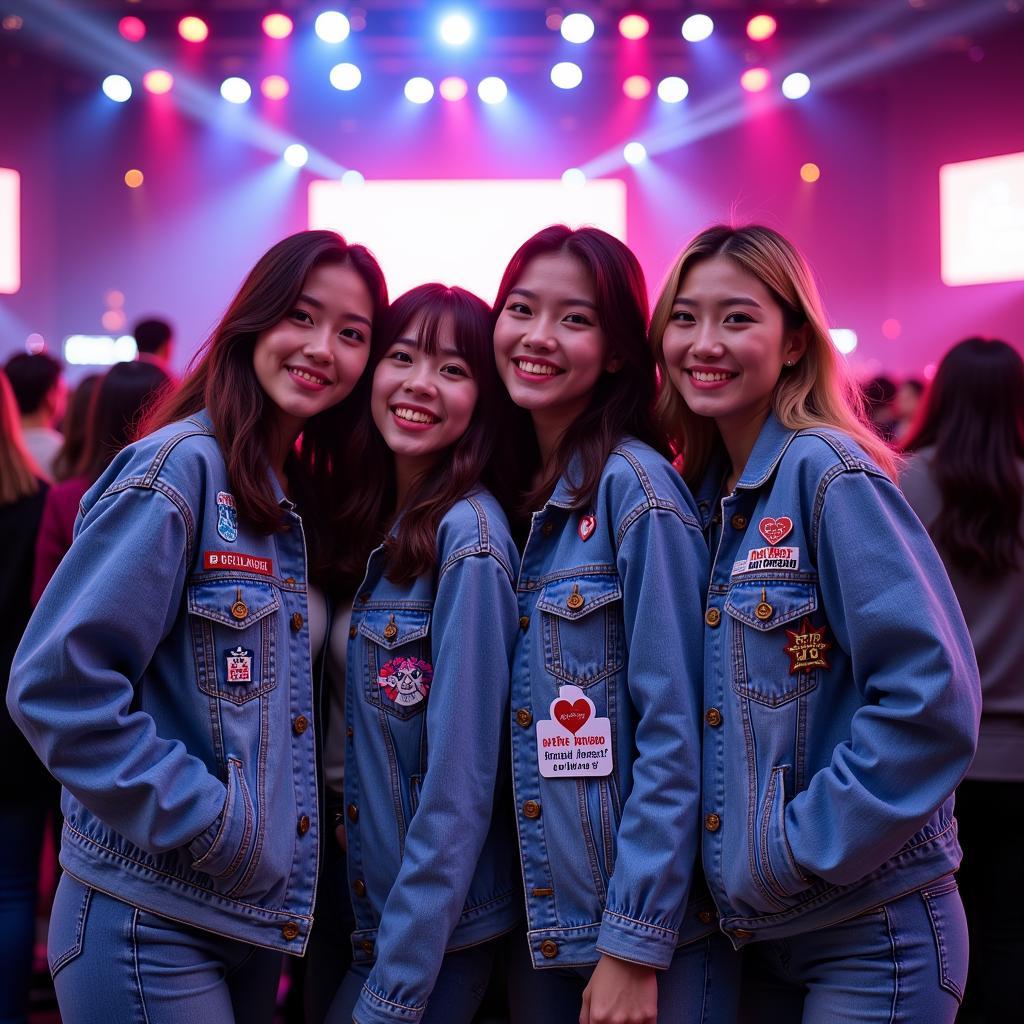 Friends showing off their personalized jean jackets at a Kpop concert