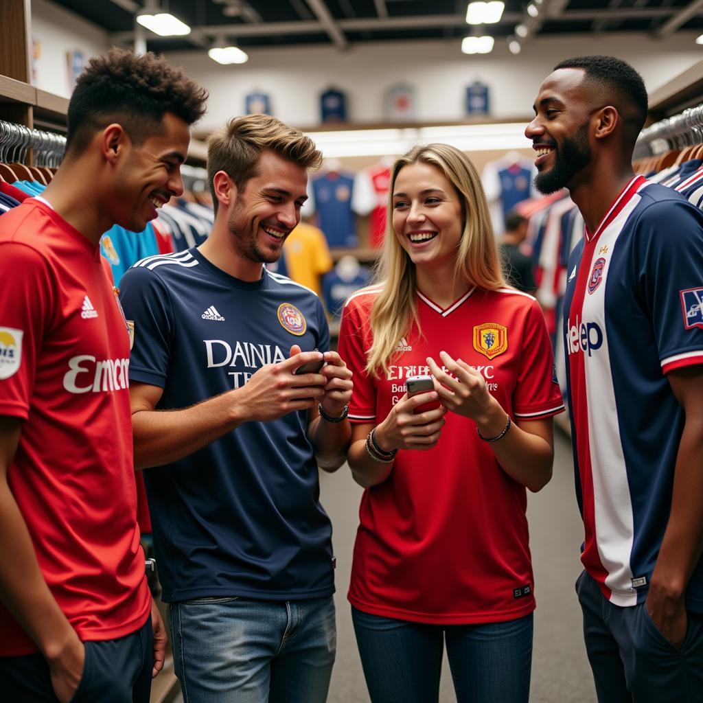 A group of friends shopping for jerseys in a Polish fan shop