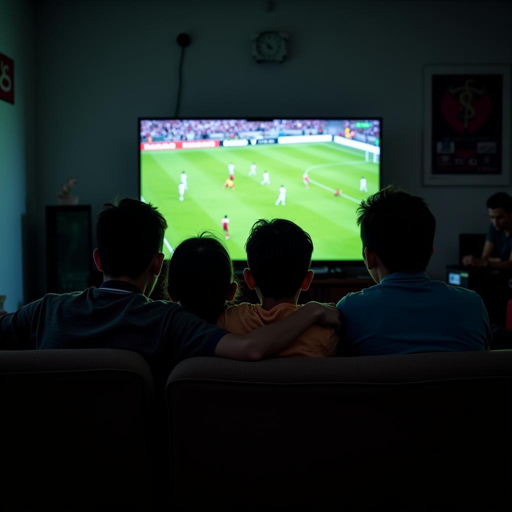 Group of friends watching football DVD