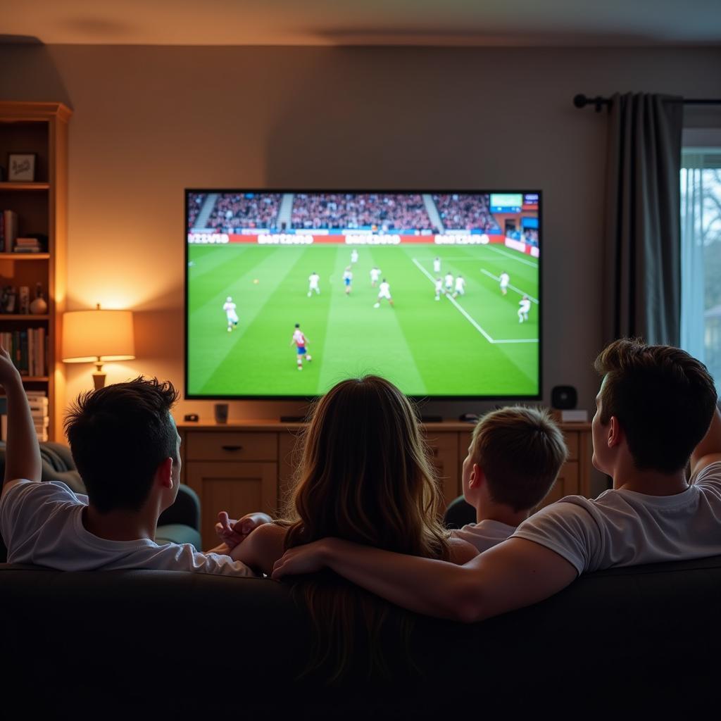 Group of friends watching a football match on TV, cheering and chanting