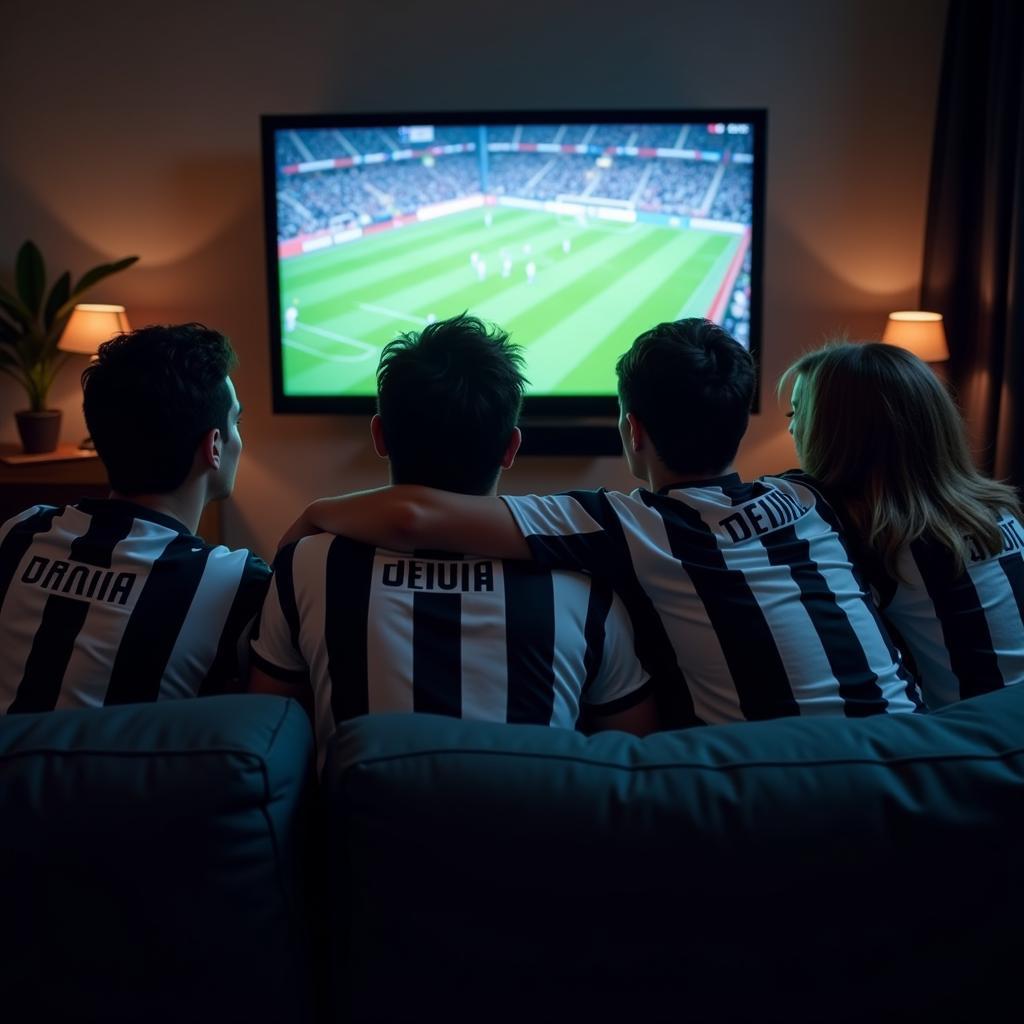 A group of friends emotionally watching a Juventus game on TV