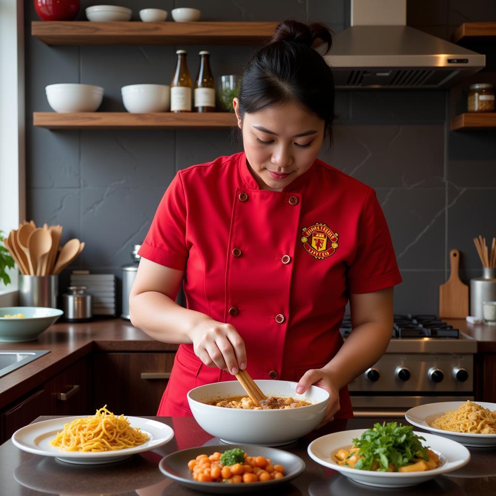 Hà Linh preparing Manchester United themed food for a watch party