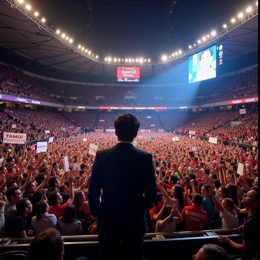 Hamlet Truong addressing fans at a fan meeting