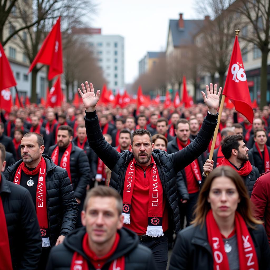 A large group of Hannover 96 fans marching through the city center