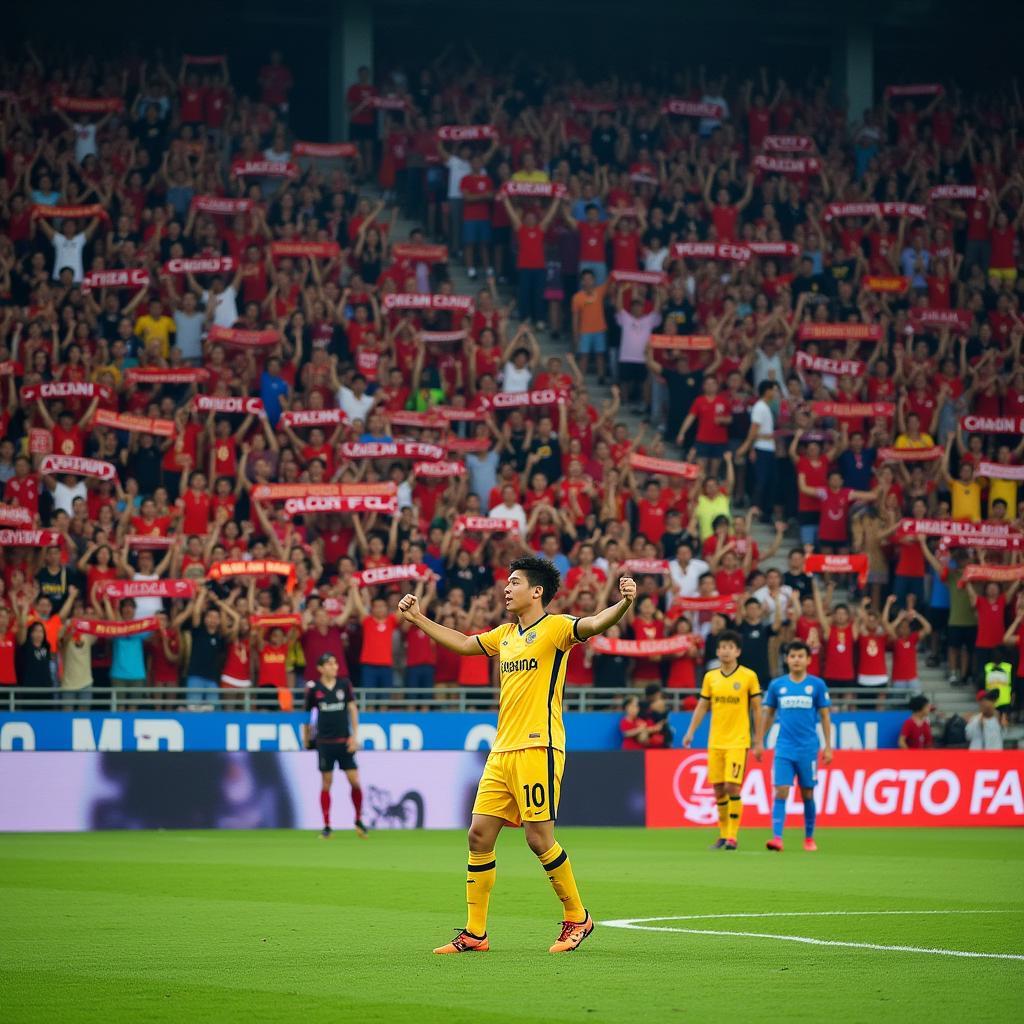 Hanoi fans erupt in celebration after a Dannis Dang goal