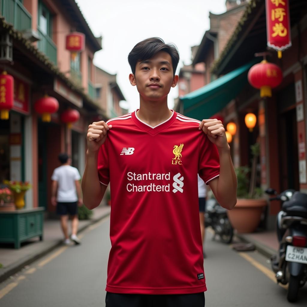 A Hanoi Liverpool fan proudly wears his jersey