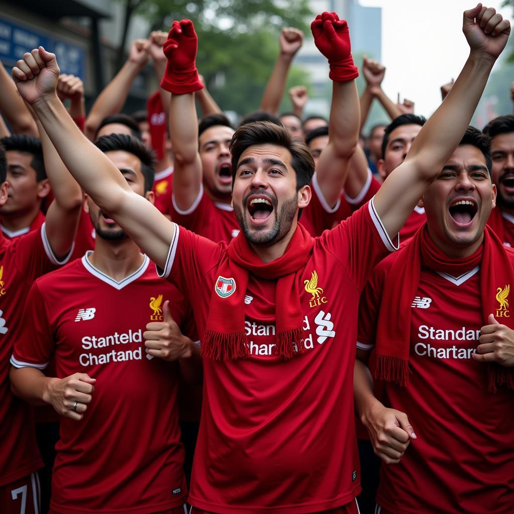 Liverpool fans in Hanoi celebrating a goal