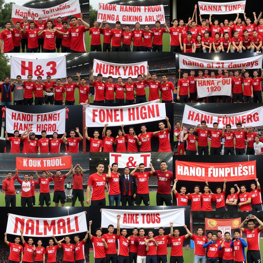 Different Hanoi T&T fan groups showcasing banners