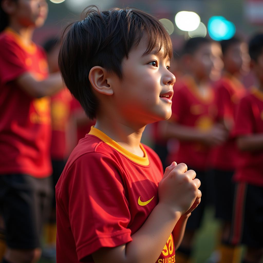 A young fan holds a Hanoi T&T scarf aloft