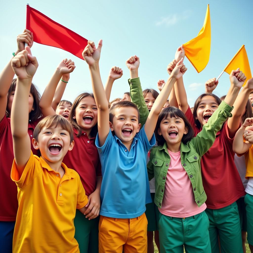 Group of kids cheering enthusiastically with colorful flags