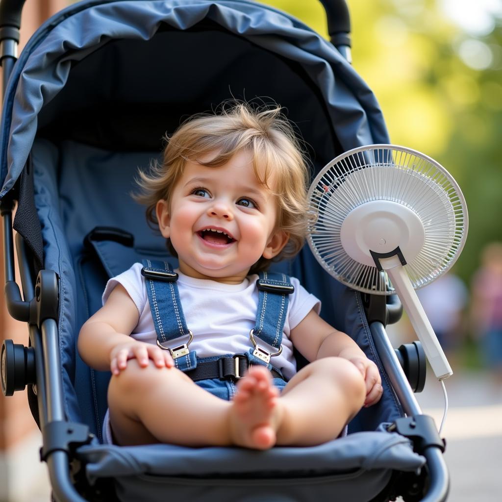 Happy Toddler Enjoying Stroller Ride with Fan