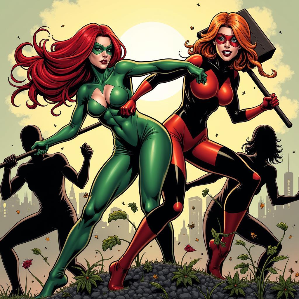 Harley and Ivy fighting back to back against enemies.