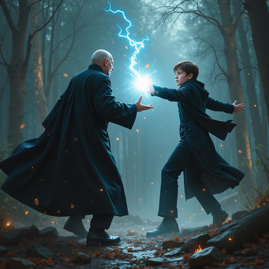 Harry and Voldemort locked in a magical duel