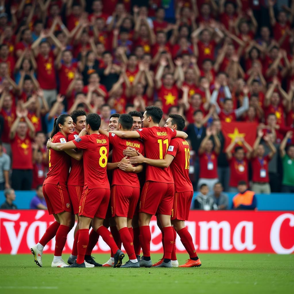 Vietnamese National Team Celebrating a Goal with Fans