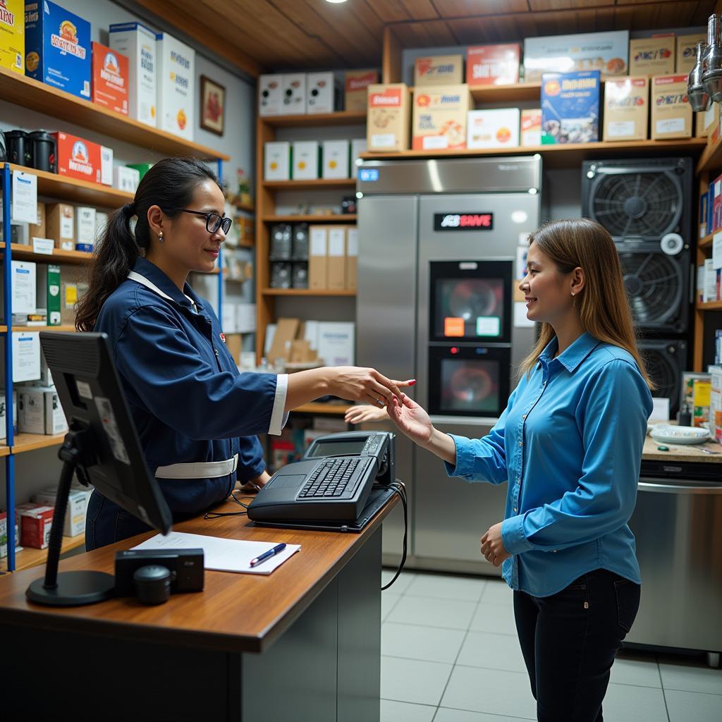 A customer being assisted by staff at a fan condenser shop in Ho Chi Minh City