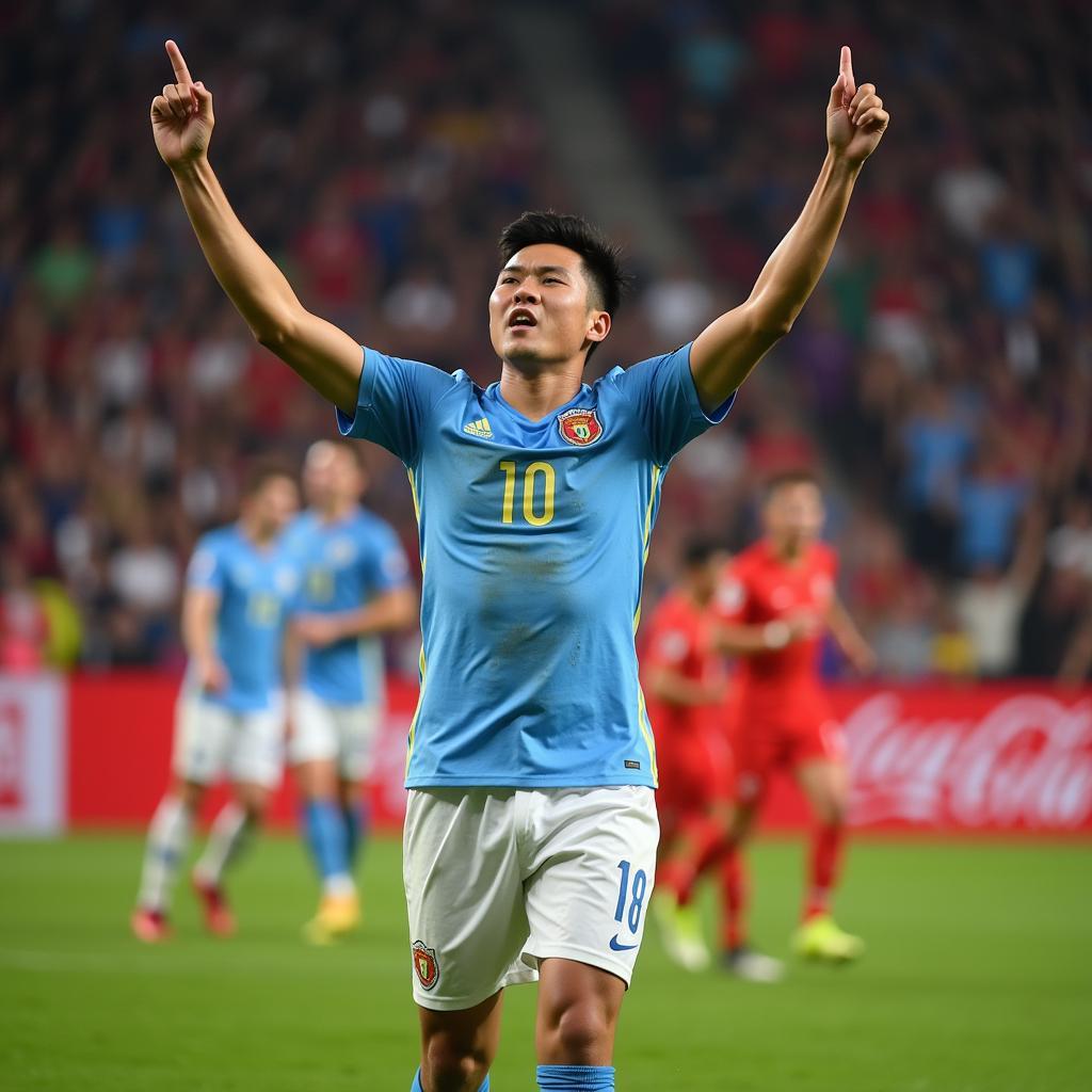 He Yi-hang Yang Fan celebrates scoring a crucial goal.